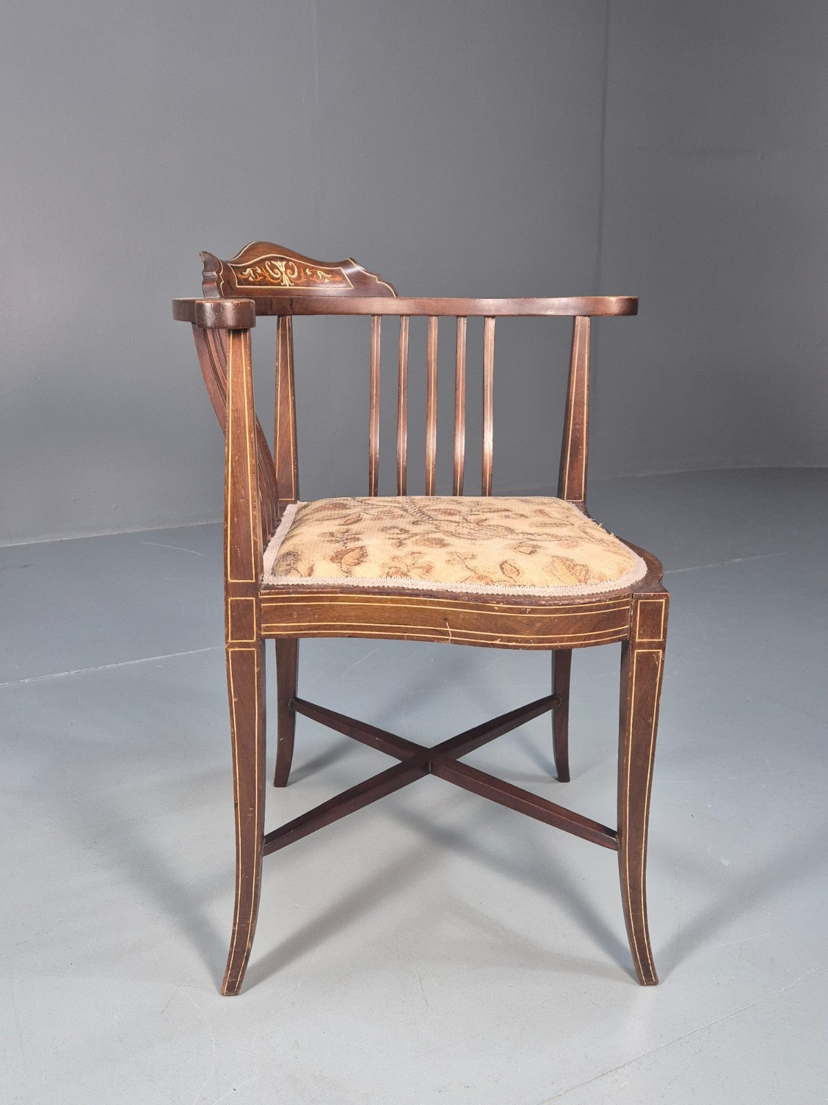 Edwardian Inlaid Corner Chair Mahogany Boxwood and Ivorine Antique EB10642 VDIN5