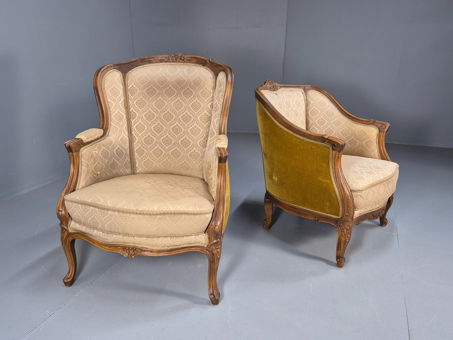 High and Low Back Danish Antique Rococo Style Lounge Chairs Damask EB9036 VCLO - UKDK FURNITURE