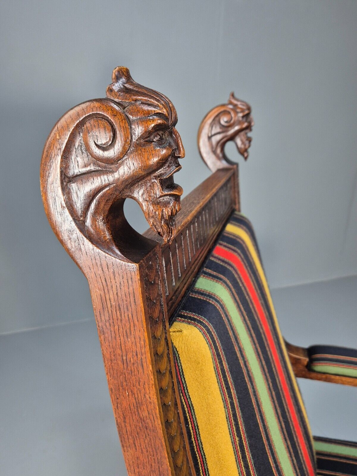 Vintage Danish Lounge Chair Multicoloured Carved Oak Figures Antique EB8951 VCLO - UKDK FURNITURE