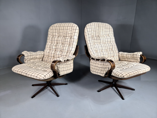 2 Vintage Swivel Chairs Cream Checkered Wool Bentwood Retro MCM EB7192 MBEN - UKDK FURNITURE