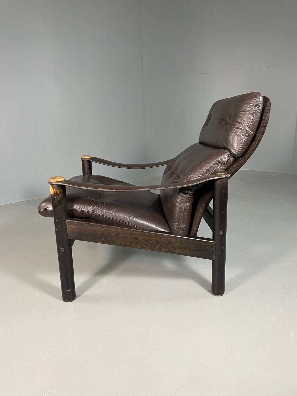 Vintage Danish Lounge Chair Brown Leather Sling Arms Retro MCM EB6867 MNOR - UKDK FURNITURE
