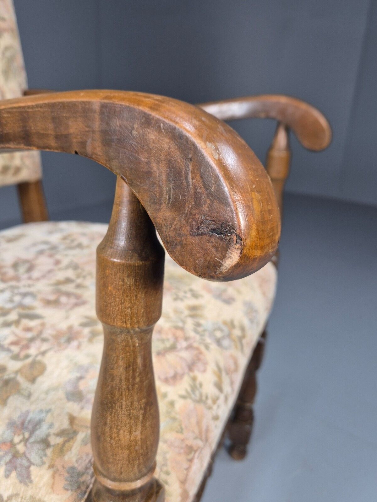 Vintage Danish Armchair Floral Cotton Oak Frame 17th Century Style EB8914 VCAR - UKDK FURNITURE