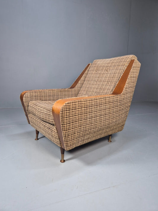 Vintage 1960s Lounge Chair Teak Detail Brown and Cream Check Retro EB9449 MNOR - UKDK FURNITURE