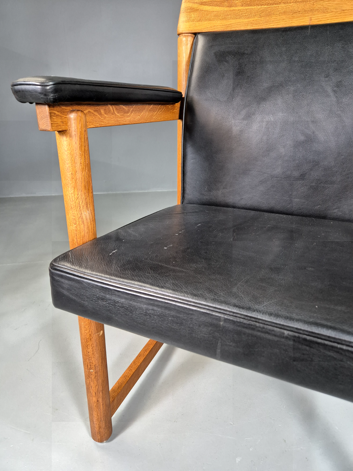 Vintage Swedish Armchair Black Leather Oak Frame Retro MCM EB7001 MNOR - UKDK FURNITURE