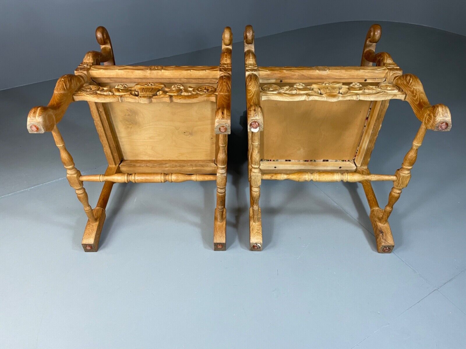 EB5172 2 Vintage Danish Carved Oak Elbow Chairs. Carolean Style, Antique VCAR - UKDK FURNITURE