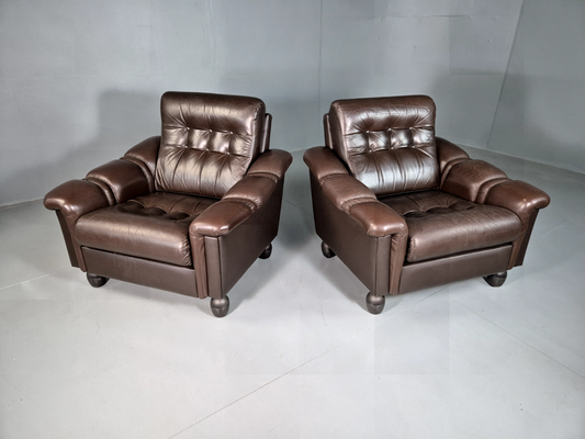 2 Vintage Danish Lounge Chairs Brown Leather Vinyl Retro MCM 1970s EB7177 MNOR - UKDK FURNITURE