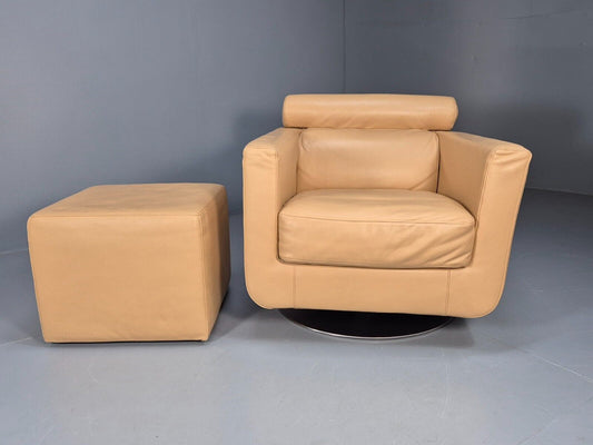 Vintage Natuzzi Saud Swivel Leather Lounge Chaur and footstool 1990s EB9398 MSWI - UKDK FURNITURE