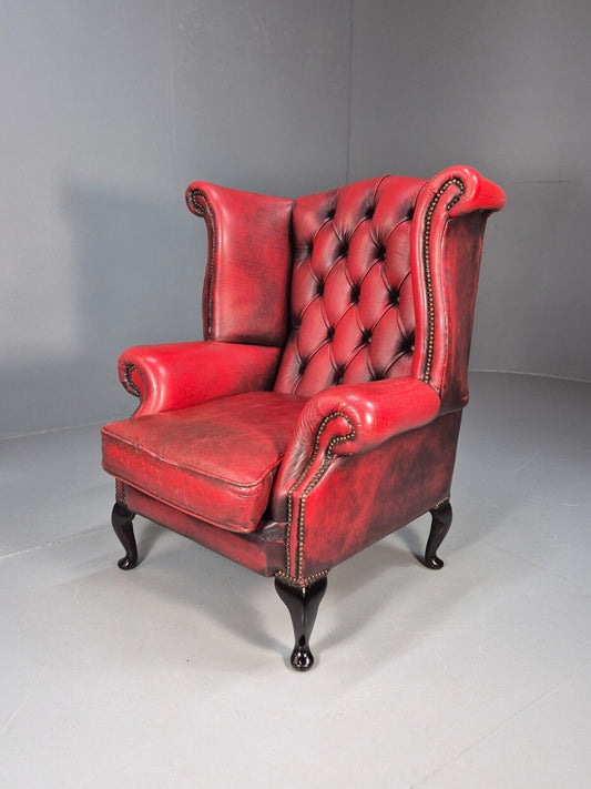 Vintage Queen Anne Red Leather Wing Back Winchester Brand 1990s EB9219 VLEA - UKDK FURNITURE