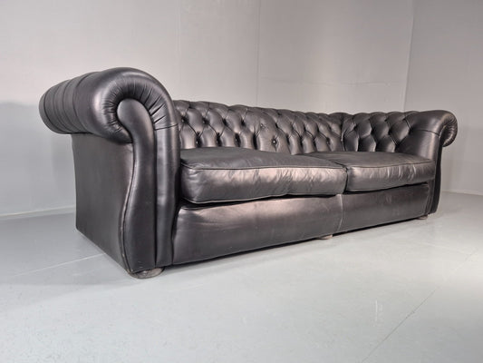 Four Seater Chesterfield Black Leather Feather Cushions Quality EB11229 VCHE1