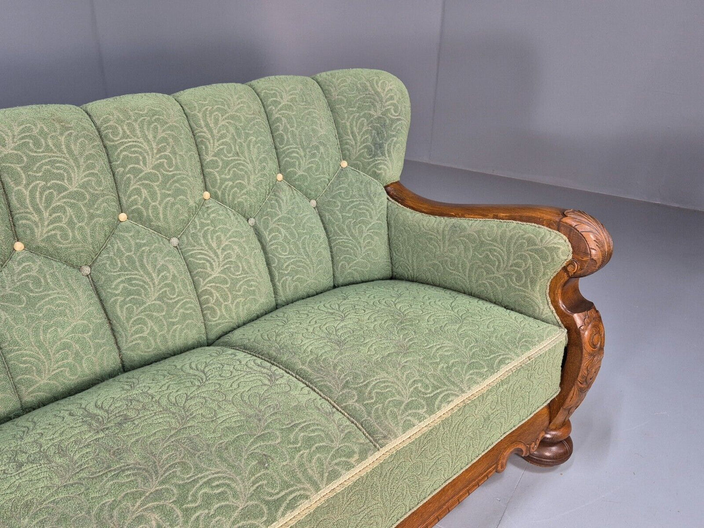 Vintage Danish Art Deco Sofa Oak Frame Green Moquette 1940s Antique EB8953 V3SS - UKDK FURNITURE
