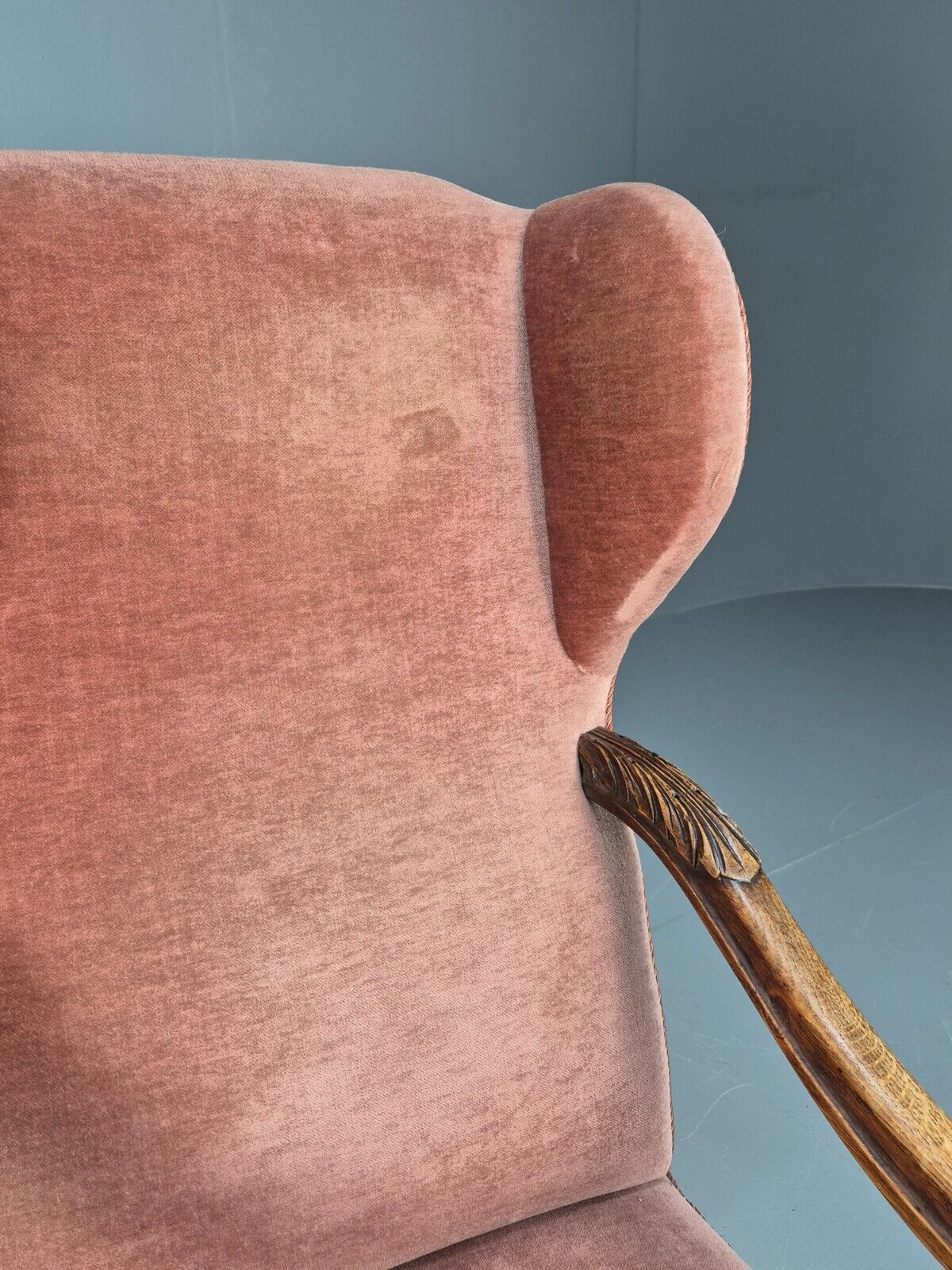 Vintage Danish Lounge Chair Pink Peach Velour Oak 17th Century Style EB8985 VCLO - UKDK FURNITURE