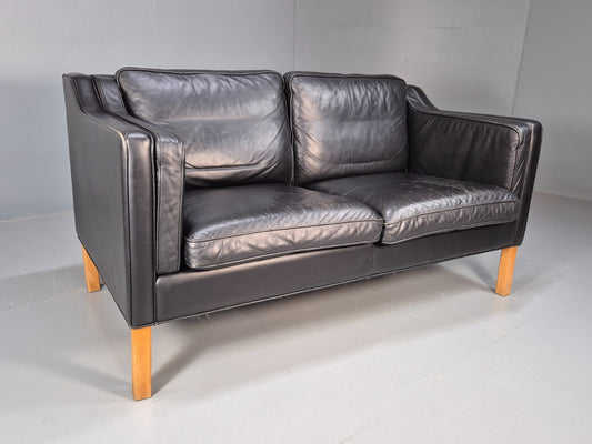 Vintage Danish 2 Sesat Black Leather Sofa Borge Mogensen Style 1970s EB9073 M2SS - UKDK FURNITURE