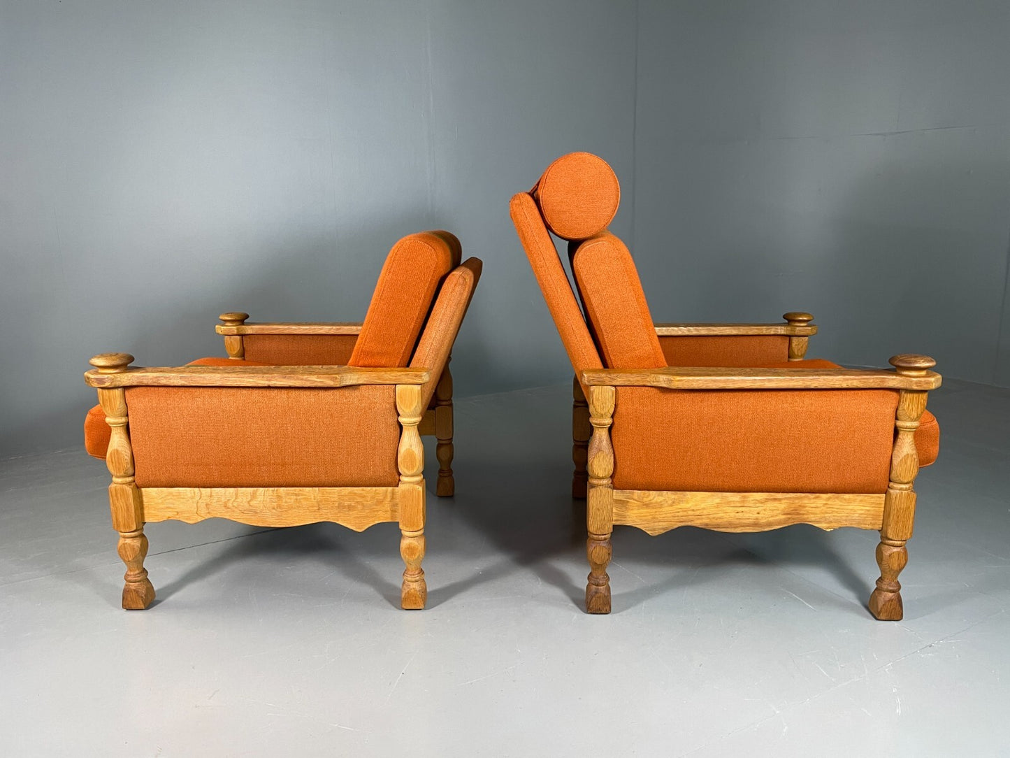 2 Vintage Danish Lounge Chairs Orange Green Oak Kjaernulf Retro MCM EB6716 MNOR - UKDK FURNITURE