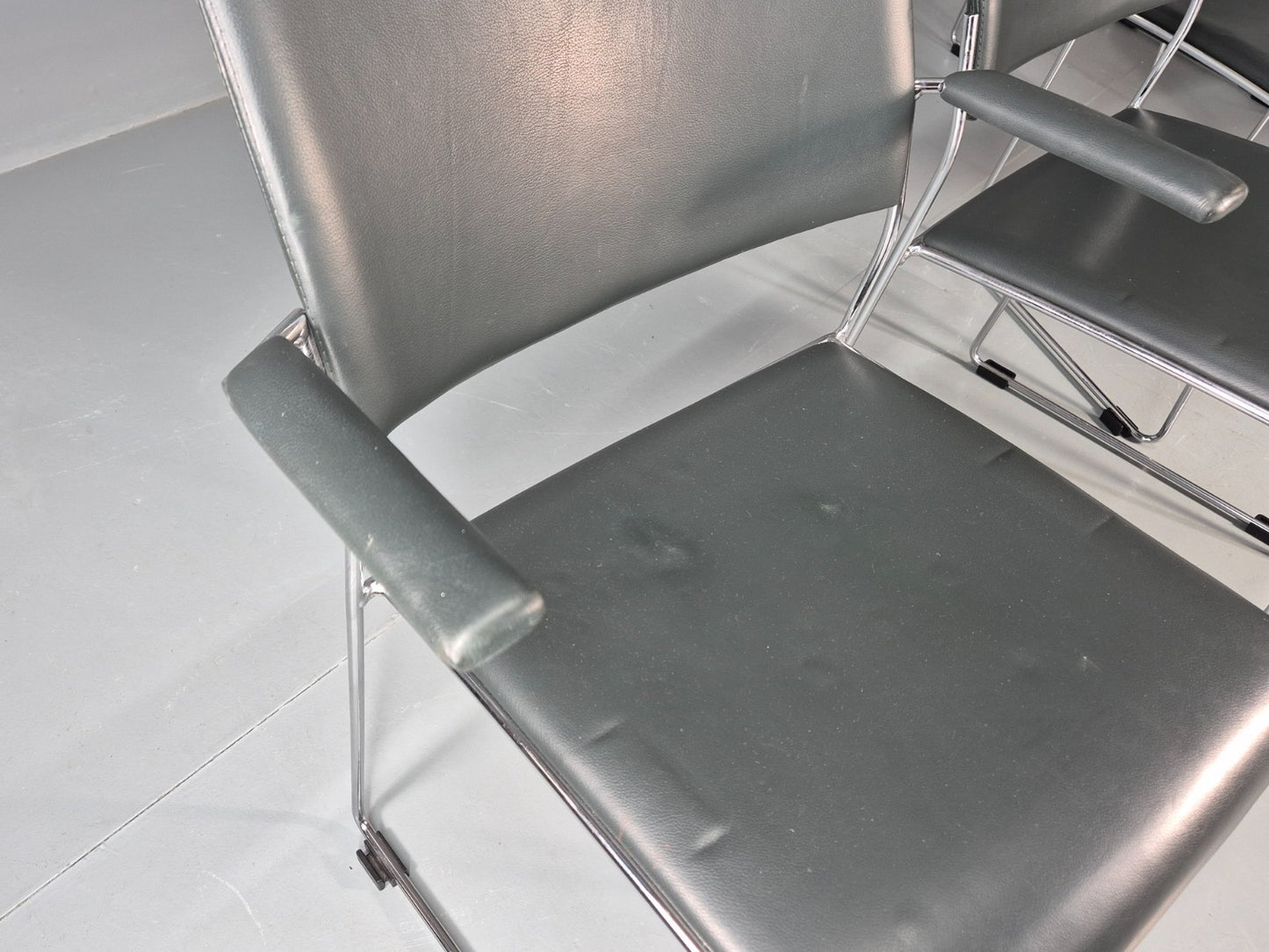 8 Leather Stacking Chairs Brunner Linos Dark Green Chrome Modern EB11733 MSTA16