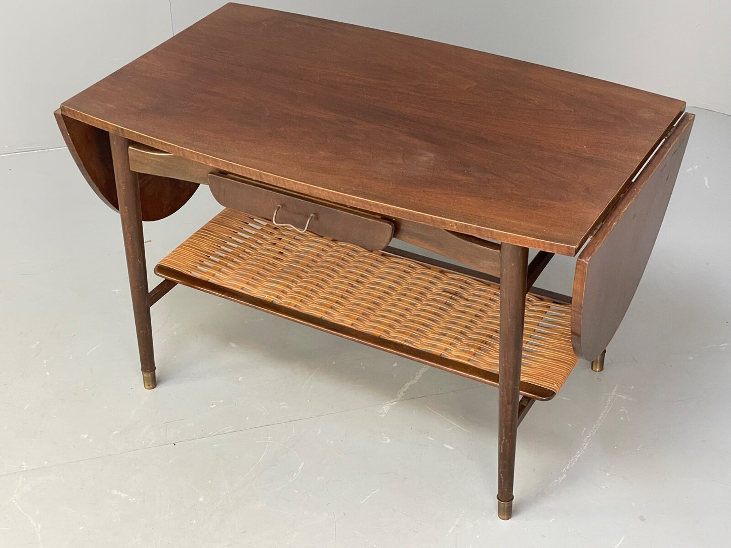 Vintage Walnut Extending Coffee Table Rattan Shelf Drawers 1950s EB9441 MWOO - UKDK FURNITURE