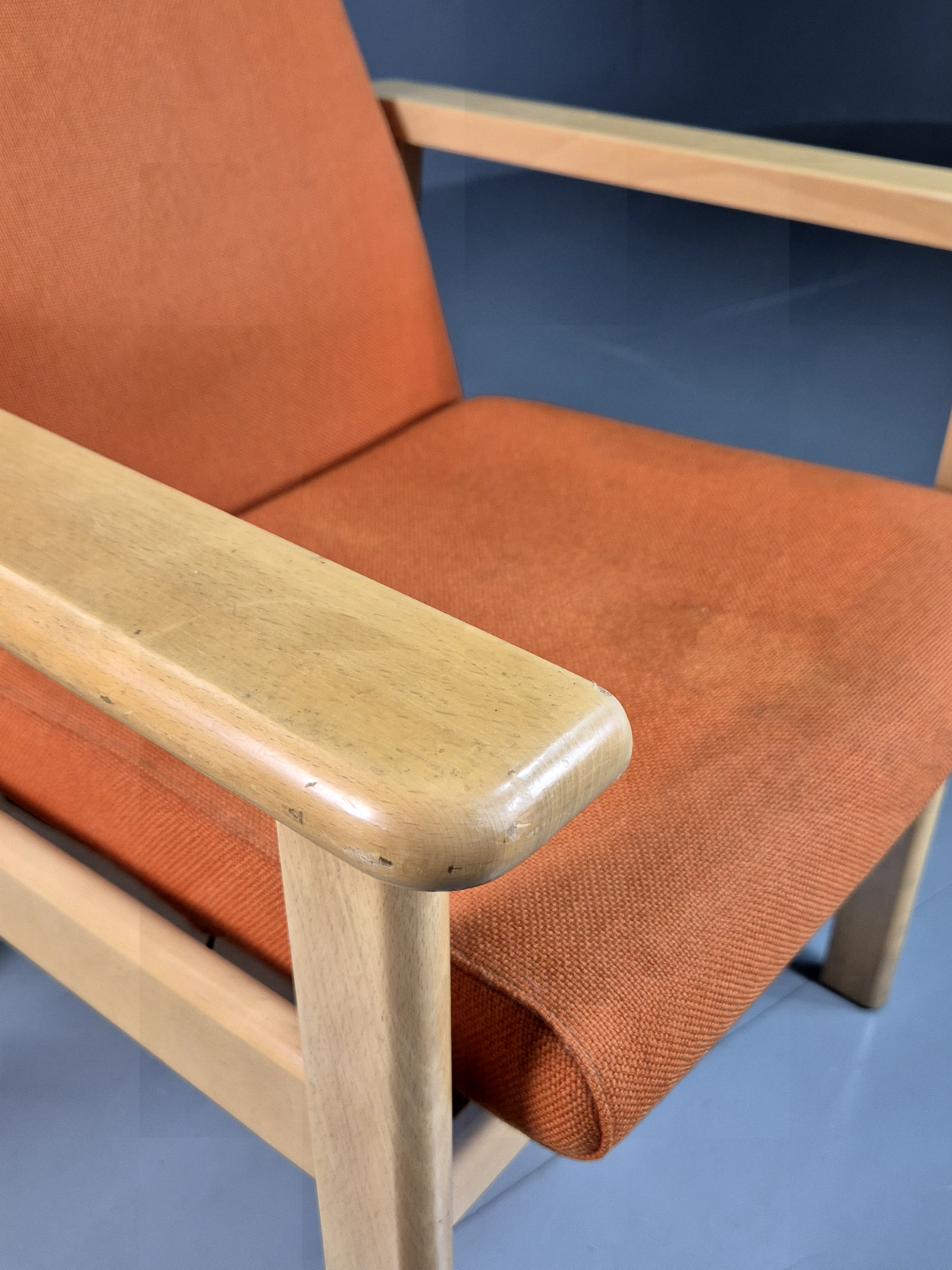 Vintage Danish Elbow Chair Orange Wool Beech Frame 1980s Retro EB7344 MNOR - UKDK FURNITURE