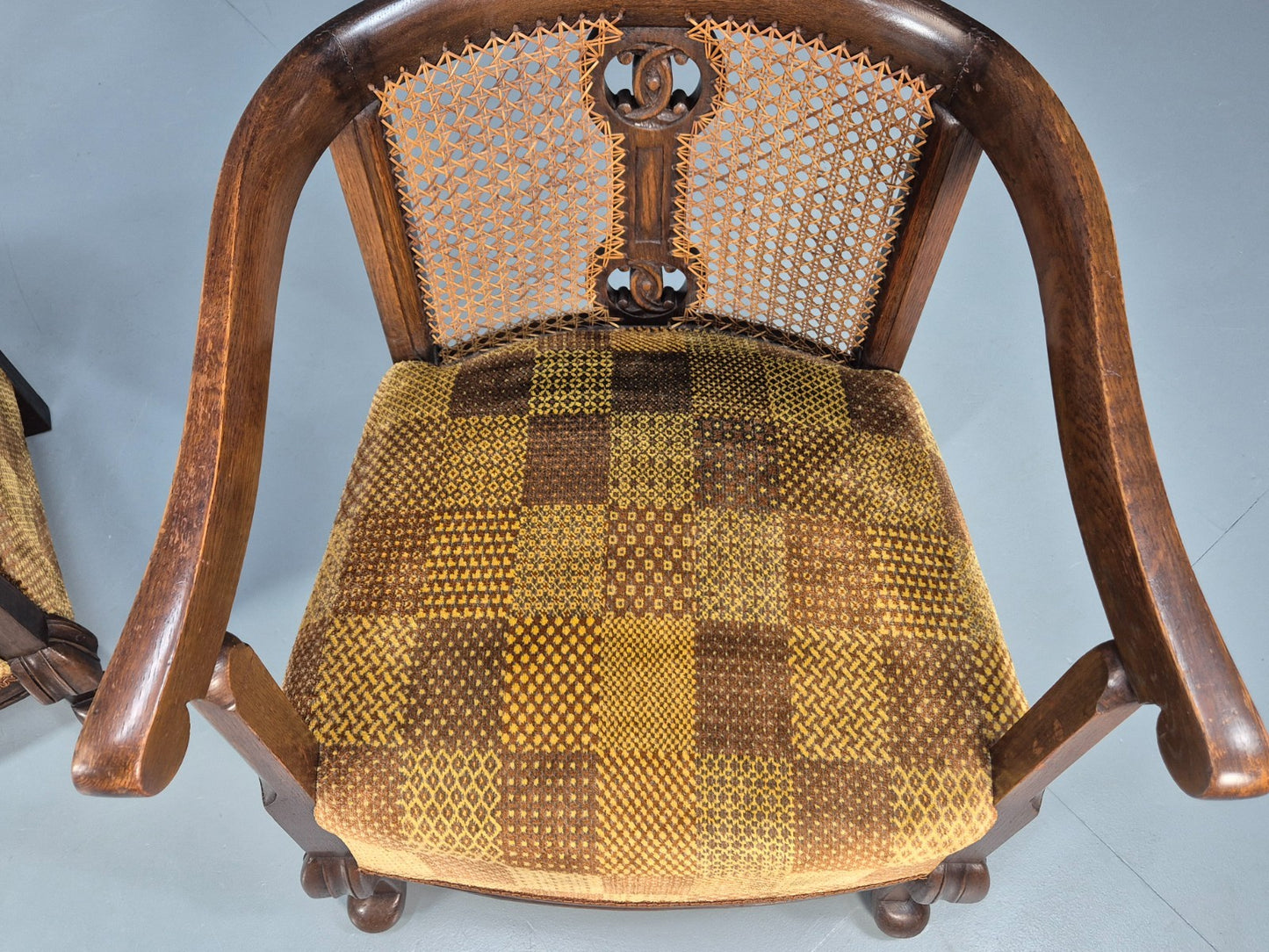 Pair Art Deco Tub Chairs Bergere Back Oak Frame Brown Velour 1930s EB10696 VCAR14