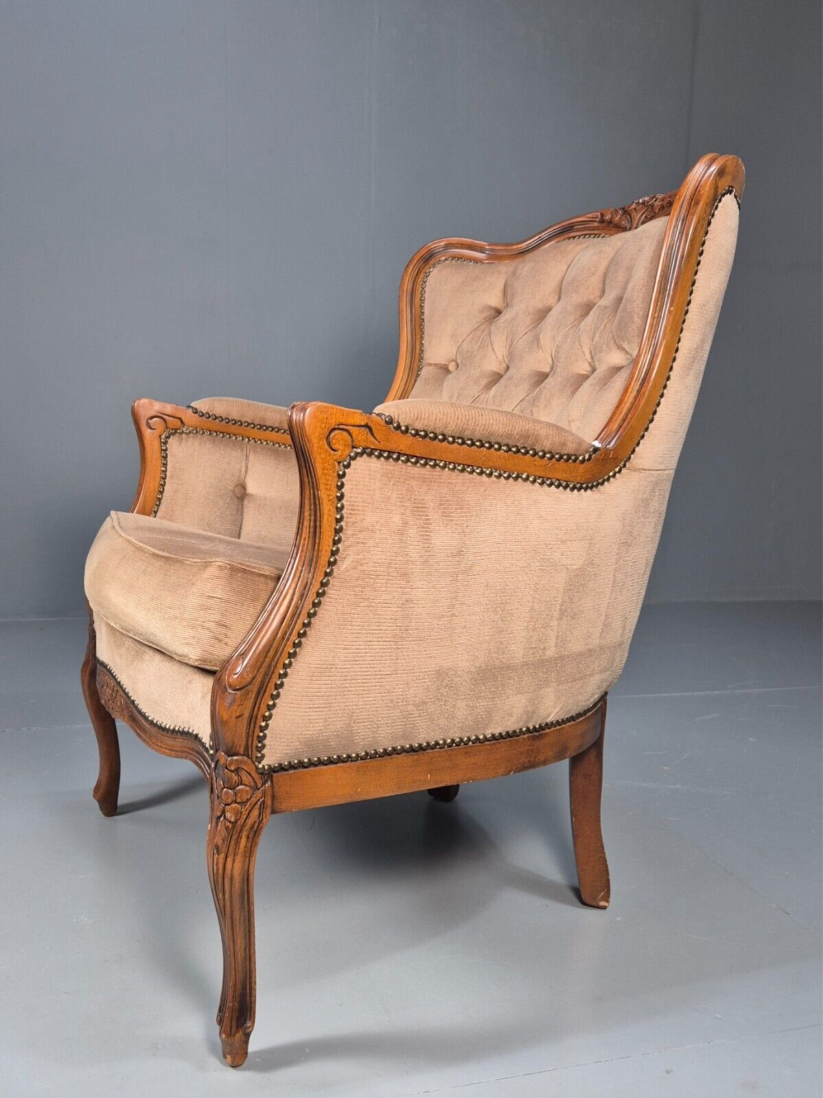 Vintage Danish Lounge Chair Beige Velour Beech Antique French Style EB8926 VCLO - UKDK FURNITURE