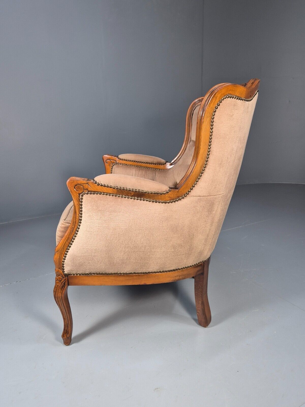 Vintage Danish Lounge Chair Beige Velour Beech Antique French Style EB8930 VCLO - UKDK FURNITURE