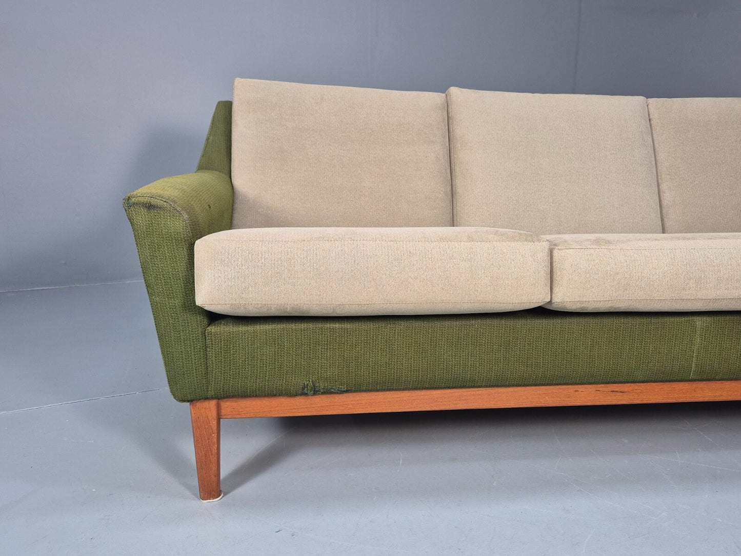 Mid Century 3 Seater Sofa Green Cream Fabric Teak Vintage Scandi EB9794 M3SS - UKDK FURNITURE