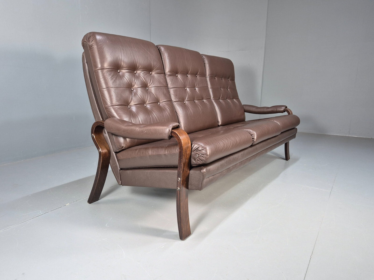Vintage danish 3 seat Brown Leather Sofa Bentwood Frame 1980s Retro EB9079 M3SS - UKDK FURNITURE