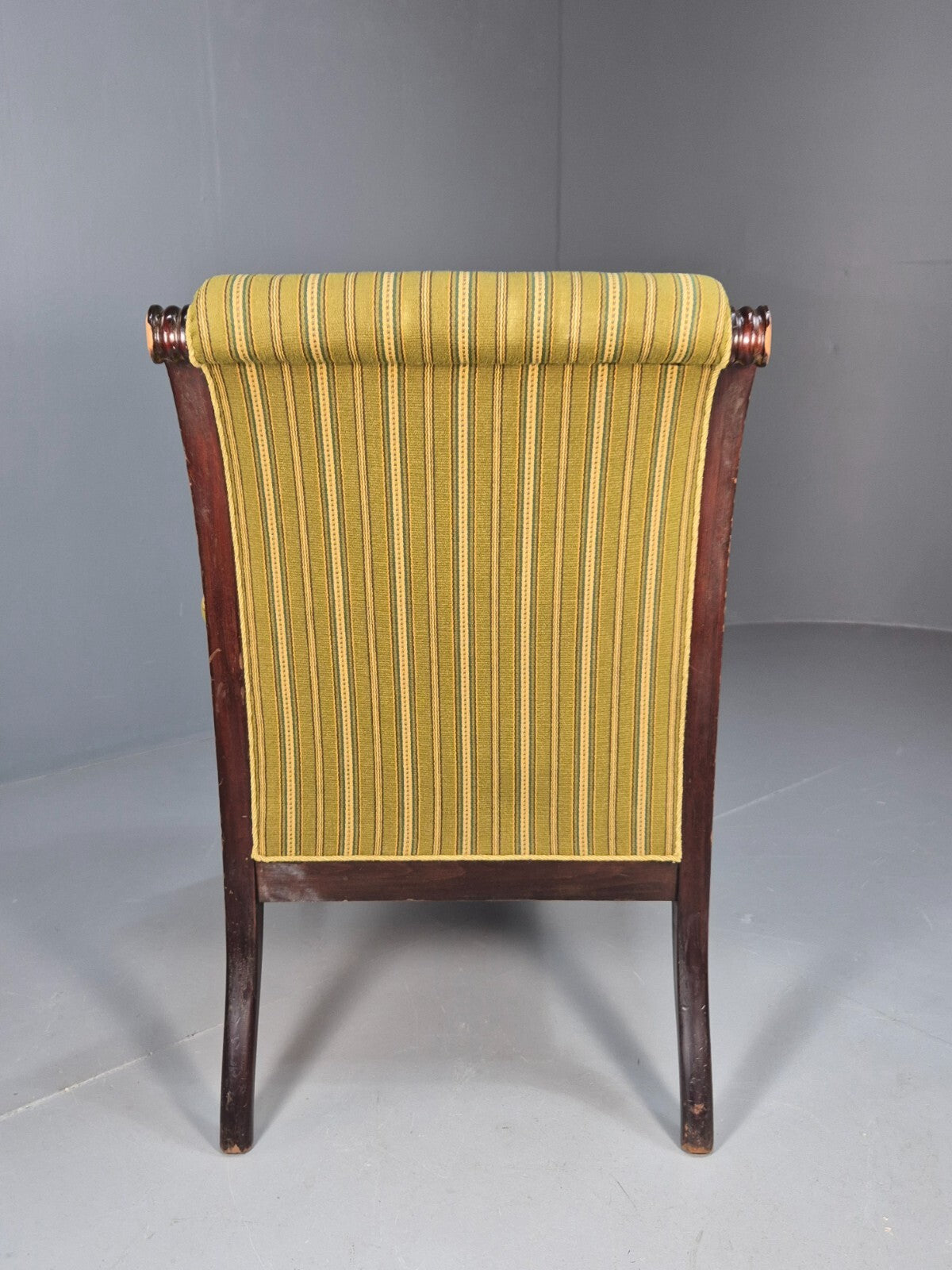 Antique Green Striped Armchair Carved Lion Figures Danish Mahogany EB9626 VCAR - UKDK FURNITURE