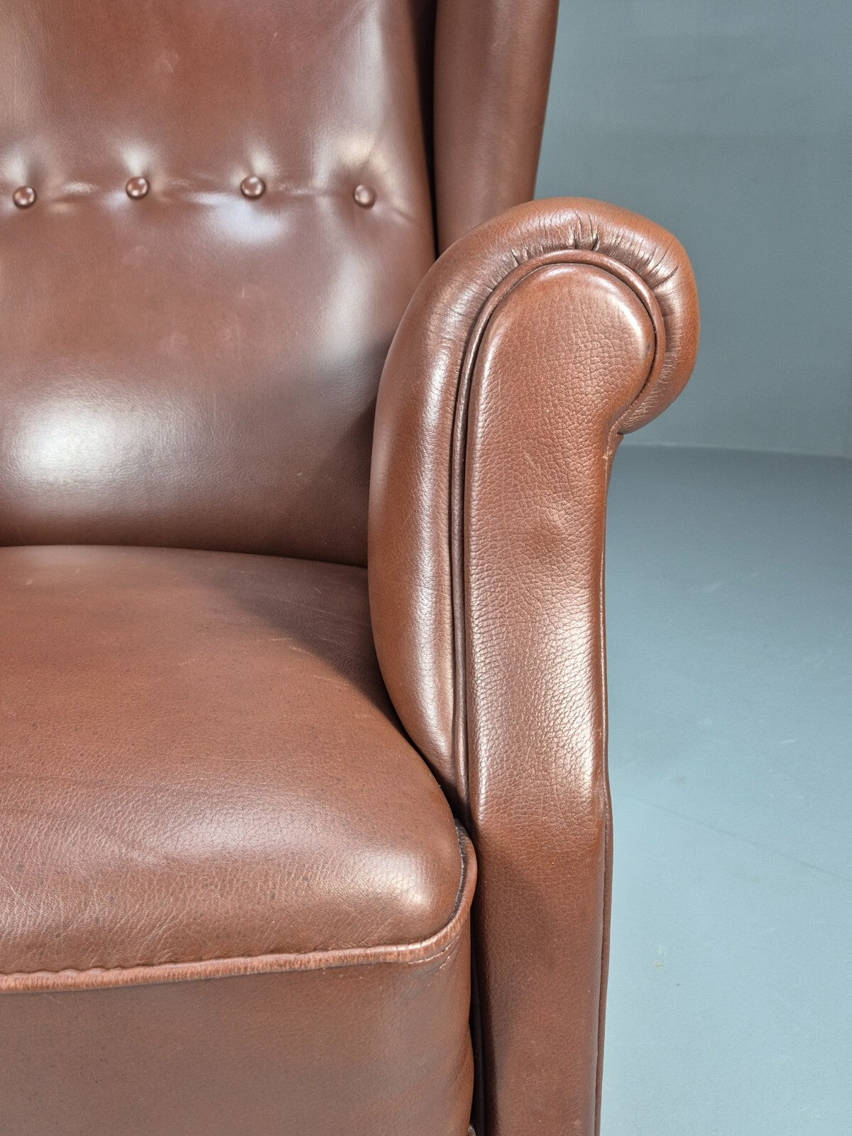 Vintage Danish Wingback Armchair Brown Leather Button Detail EB8782 VLEA - UKDK FURNITURE
