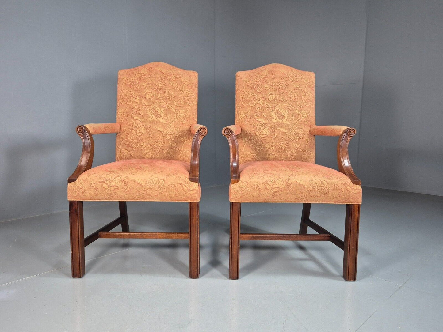 2 Vintage Lounge Chair Peach Floral Cotton Georgian Style 1980 Repro EB8215 VCLO - UKDK FURNITURE