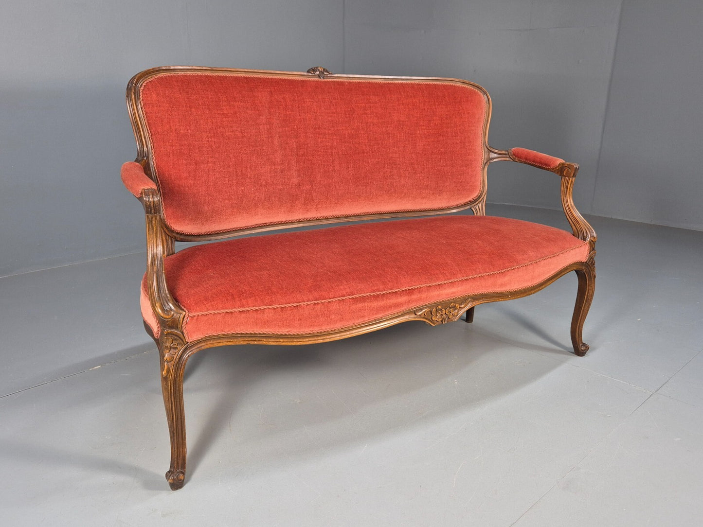 Vintage 2 Seater Sofa French Style Orange Velour Carved Beech Frame EB9566 V2SS - UKDK FURNITURE