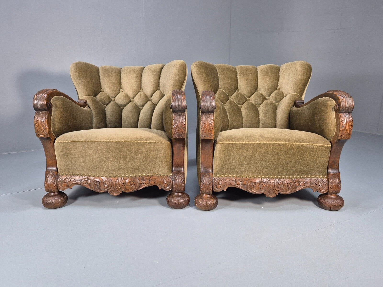2 Antique Carved oak Danish Lounge Chairs Mink Velour Fan Back 1930s EB9557 VCLO - UKDK FURNITURE