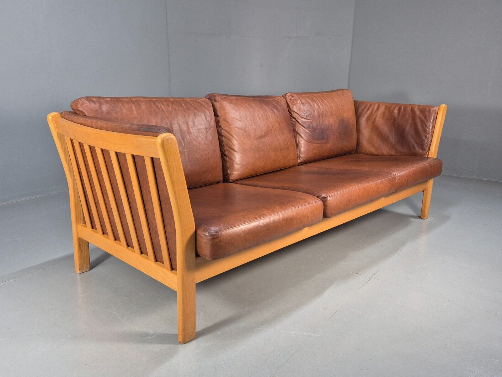 Vintage Danish 3 Seat Sofa Tan Leather Beech Ends Stouby Style MCM EB8751 M3SS - UKDK FURNITURE