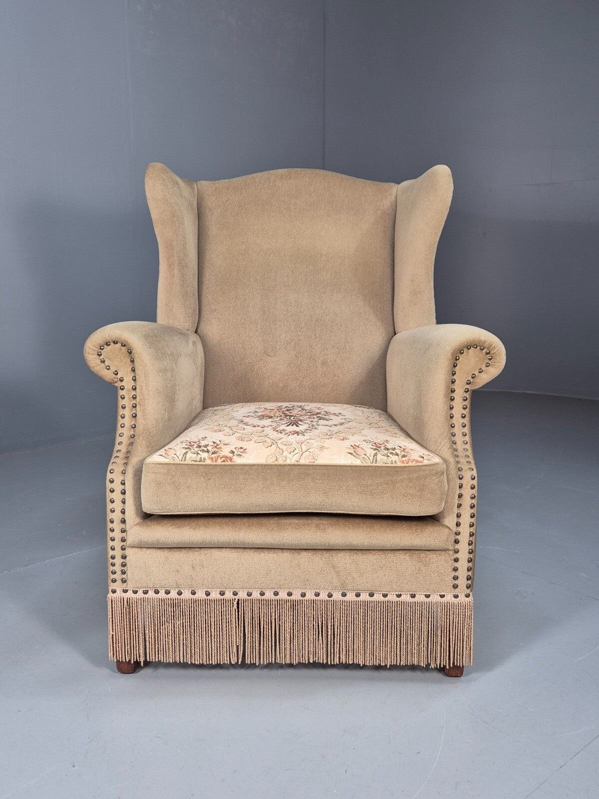 Vintage Danish Wing Back Lounge Chair 1950s Retro Tassels and Floral EB9013 VCLO - UKDK FURNITURE