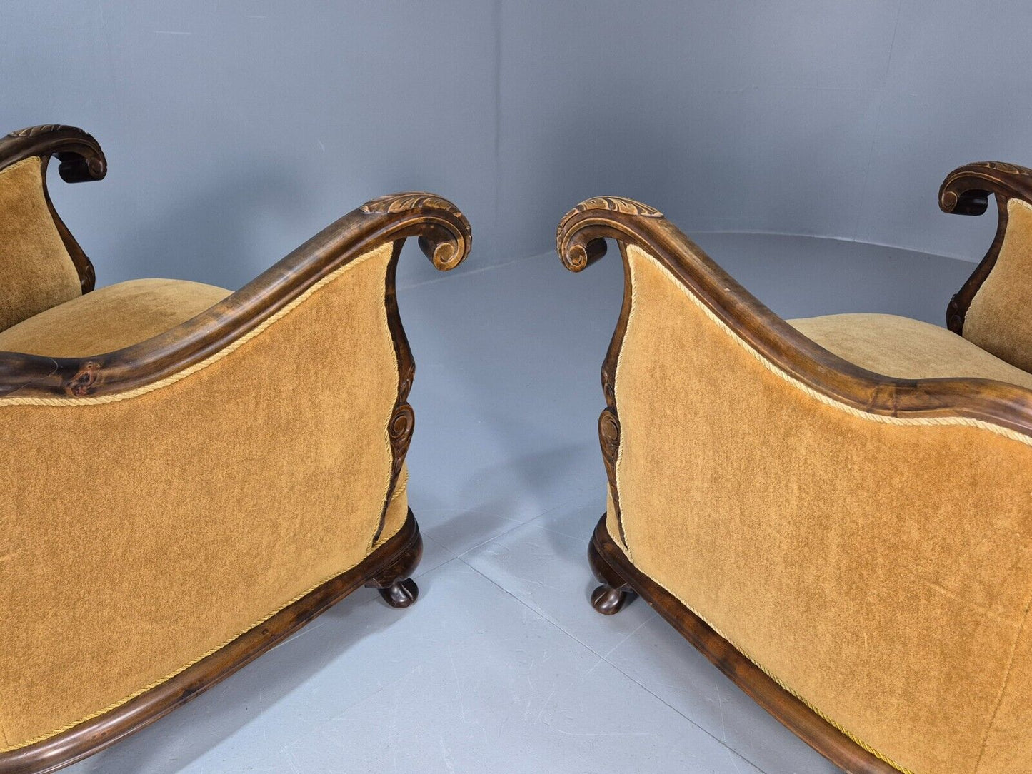 2 Vintage Danish Antique Chairs Gold Velour 1930s Carved Wood EB8969 VCLO - UKDK FURNITURE