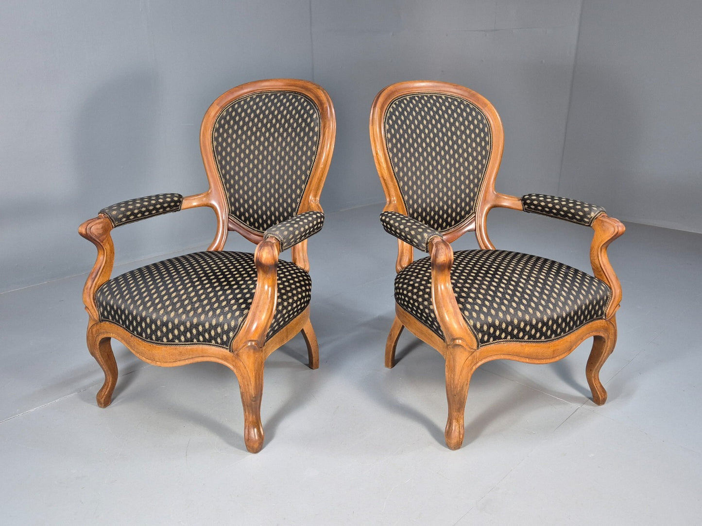 Antique Mahogany Armchair Pair Black Pattern Fabric Louis XV Style EB9558 VCLO - UKDK FURNITURE