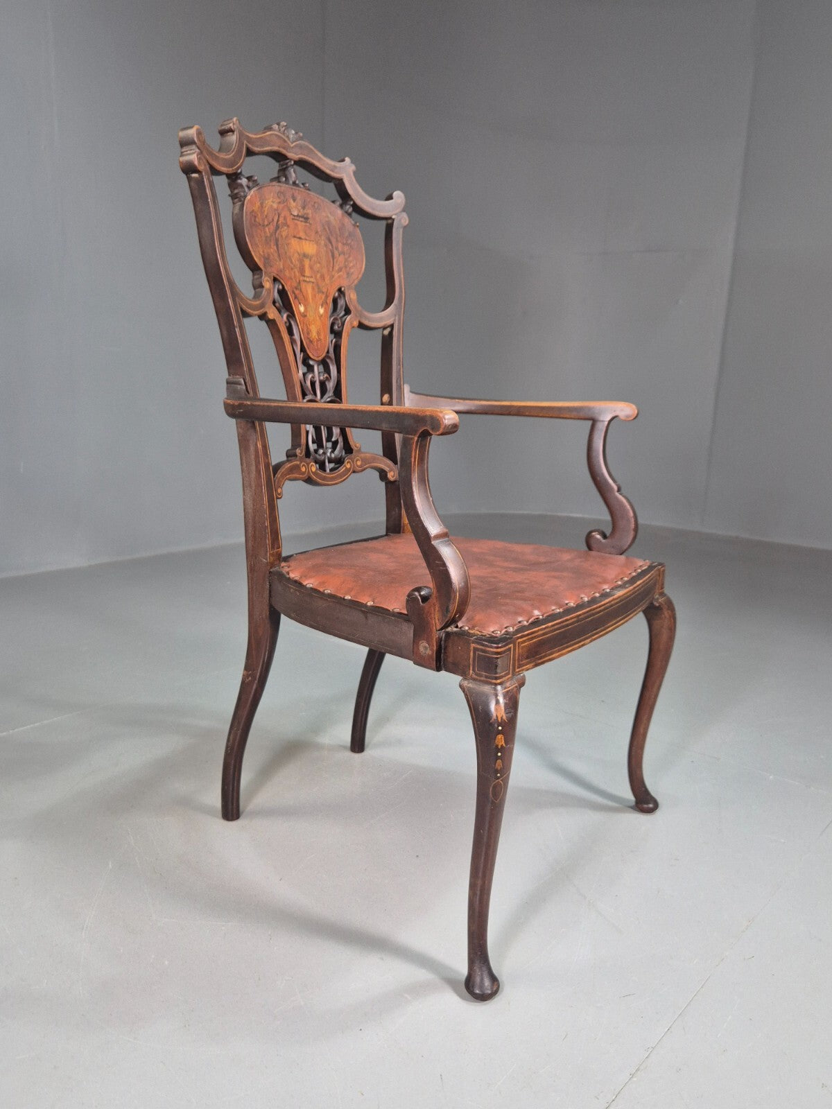 Vintage Elbow Carver Chair Vinyl Mahogany Inlay Antique EB7798 VCAR - UKDK FURNITURE