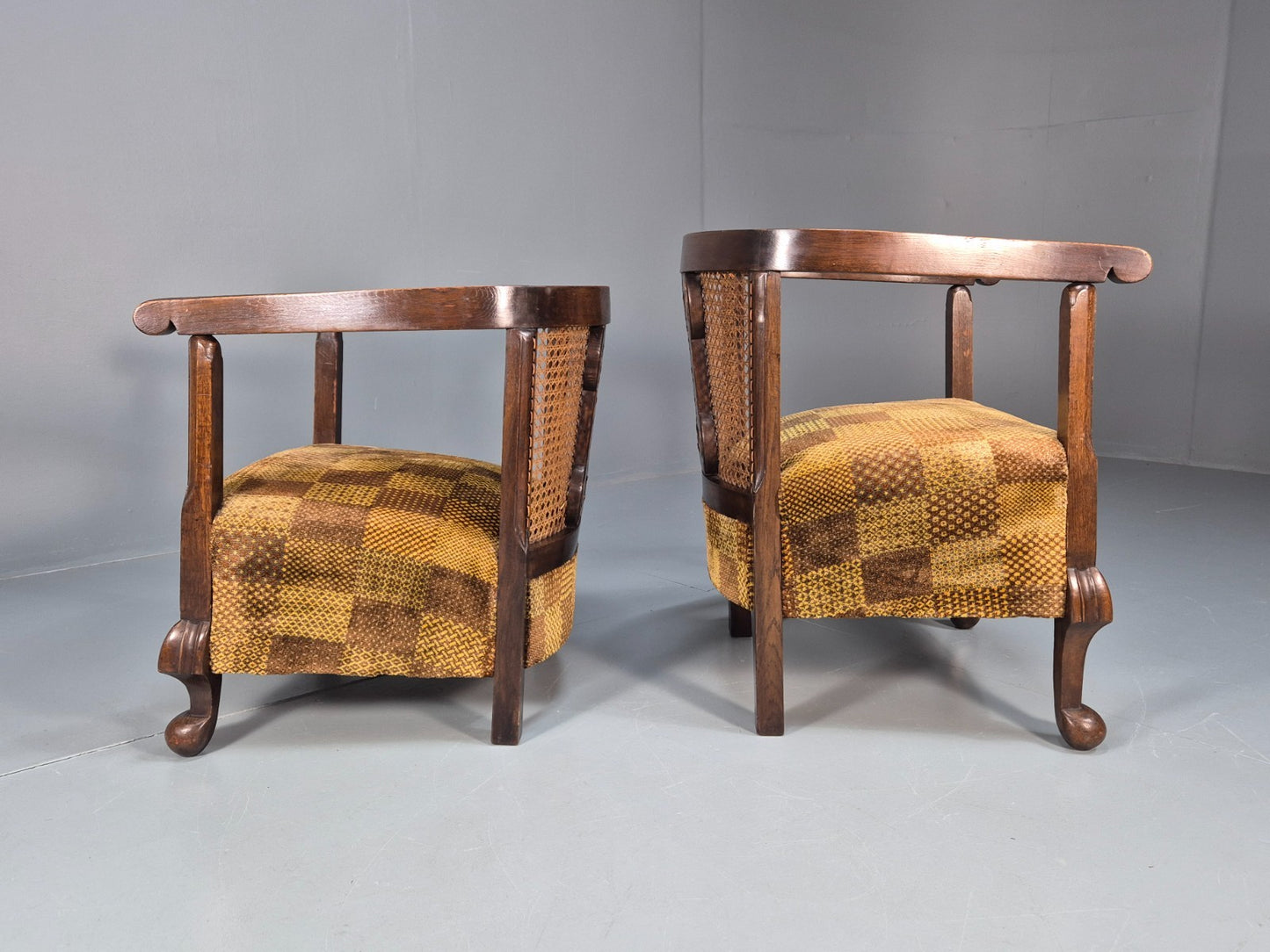 Pair Art Deco Tub Chairs Bergere Back Oak Frame Brown Velour 1930s EB10696 VCAR10