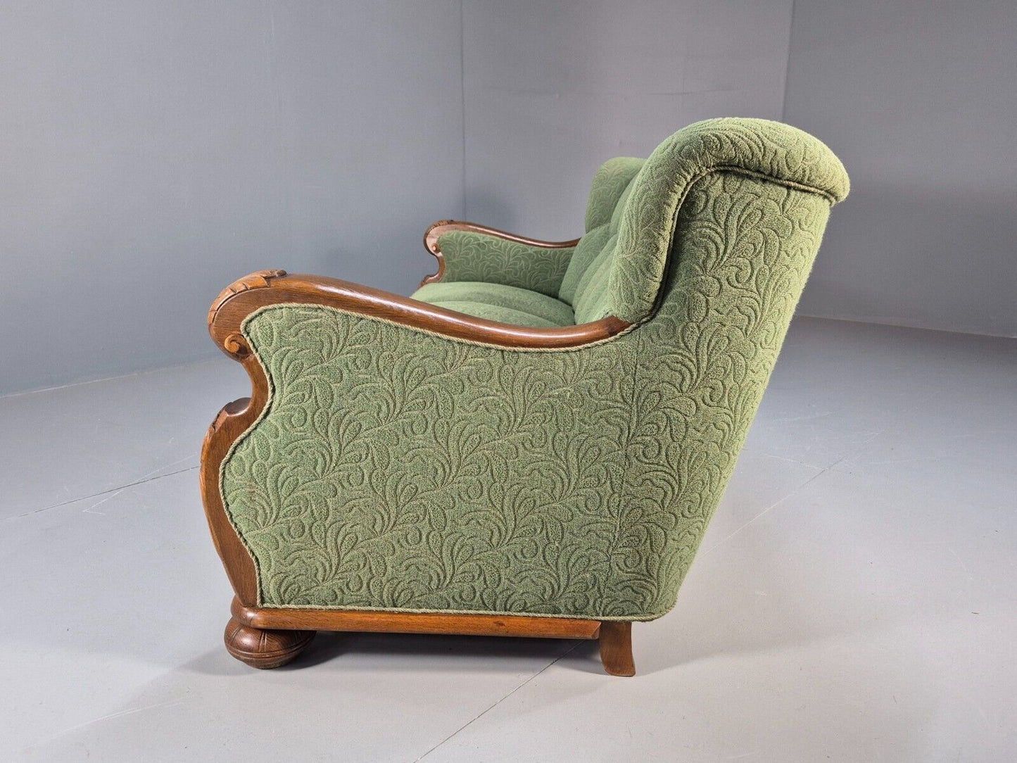 Vintage Danish Art Deco Sofa Oak Frame Green Moquette 1940s Antique EB8953 V3SS - UKDK FURNITURE