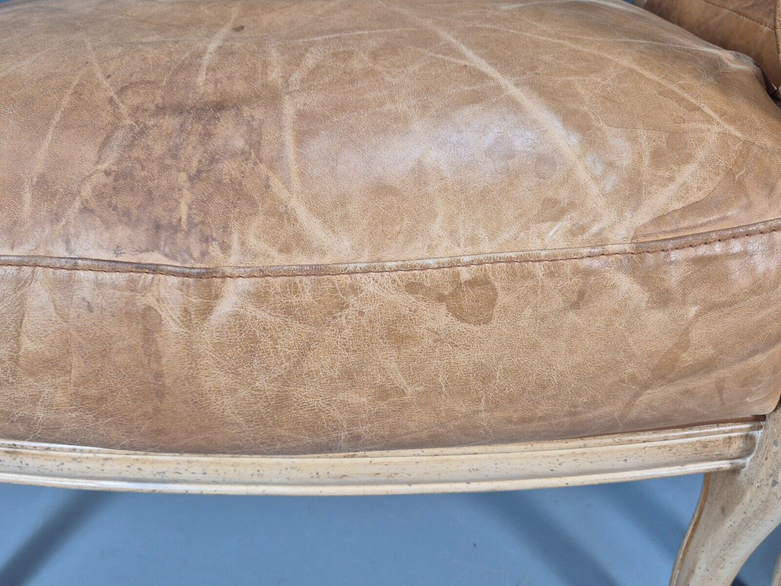 2 Vintage Lounge Chairs Tan Leather Cream Wood Frame Antique Style EB9028 VLEA - UKDK FURNITURE