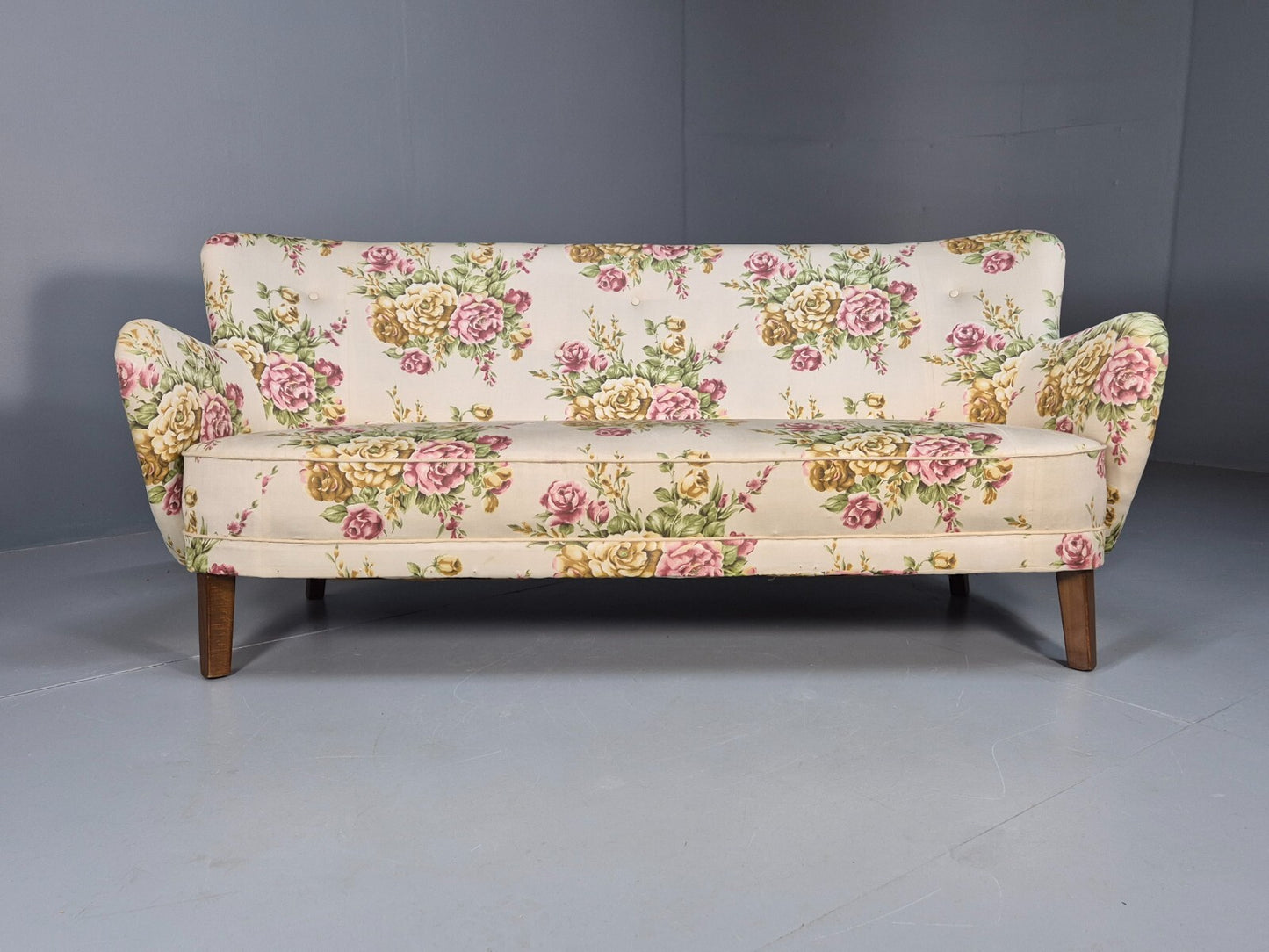Vintage 3 Seater Sofa Floral Fabric 1950s Mid Century Danish Design EB9542 V3SS - UKDK FURNITURE