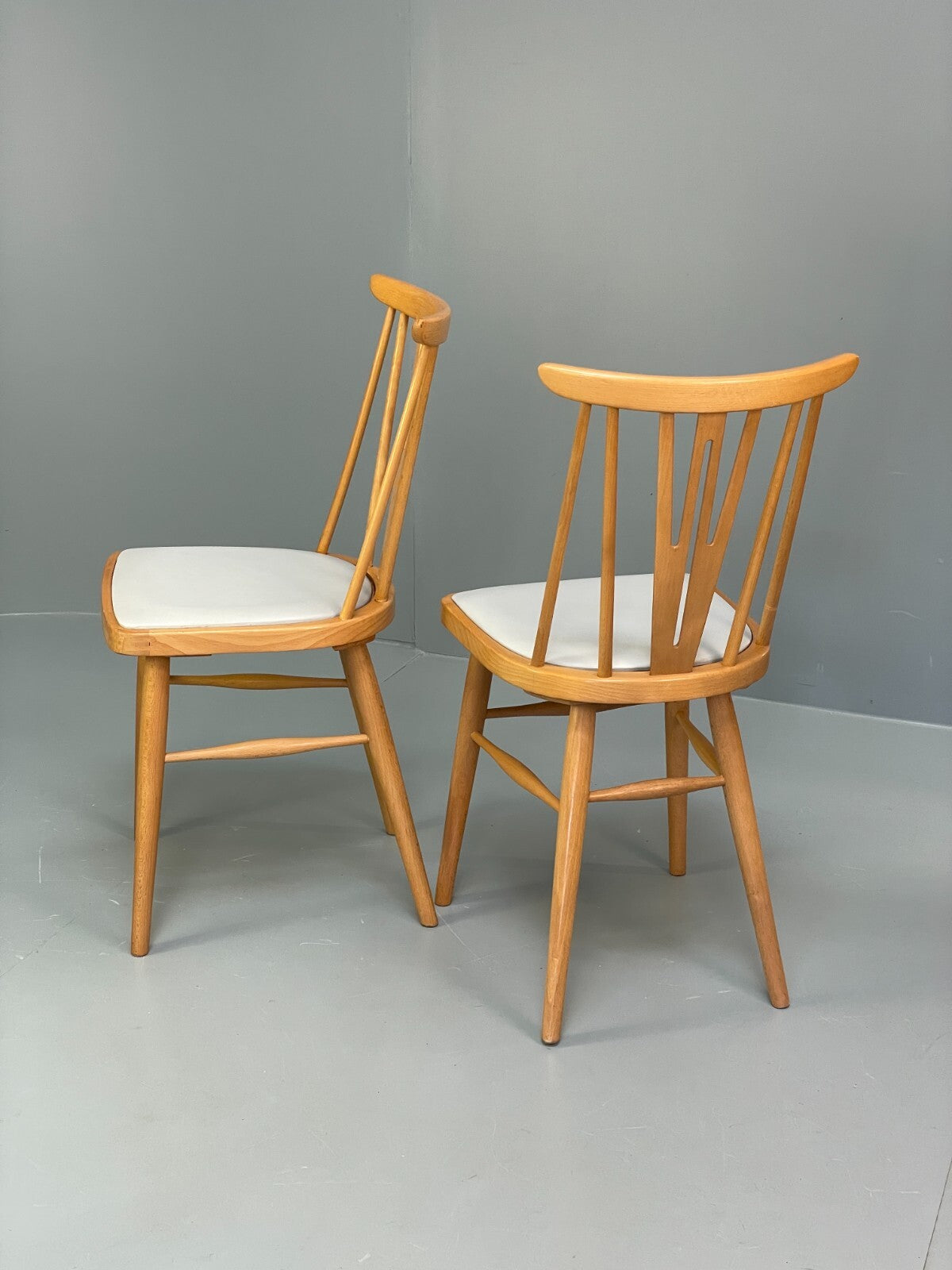 Mid Century Beech Dining Chairs Pair Off White Vinyl 1960s EB9779 MDIN - UKDK FURNITURE