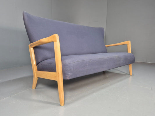 Vintage Fritz Hansen 3 Seat Sofa Beech Ends Blue Upholstery MCM EB9391 M2SS - UKDK FURNITURE
