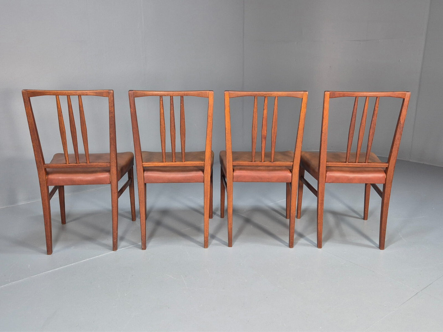 4 Gordon Russell Teak Dining Chairs Brown Vinyl 1960s Retro MCM EB9681 MDIN - UKDK FURNITURE