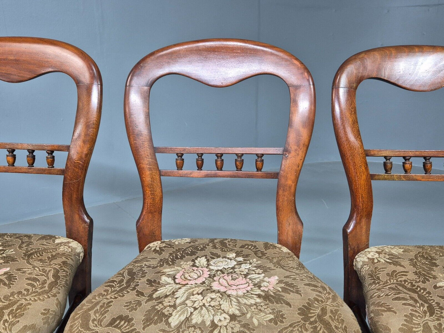 3 Vintage Dining Chairs Floral Seats Walnut Frame Balloon Victorian EB8182 VDIN - UKDK FURNITURE