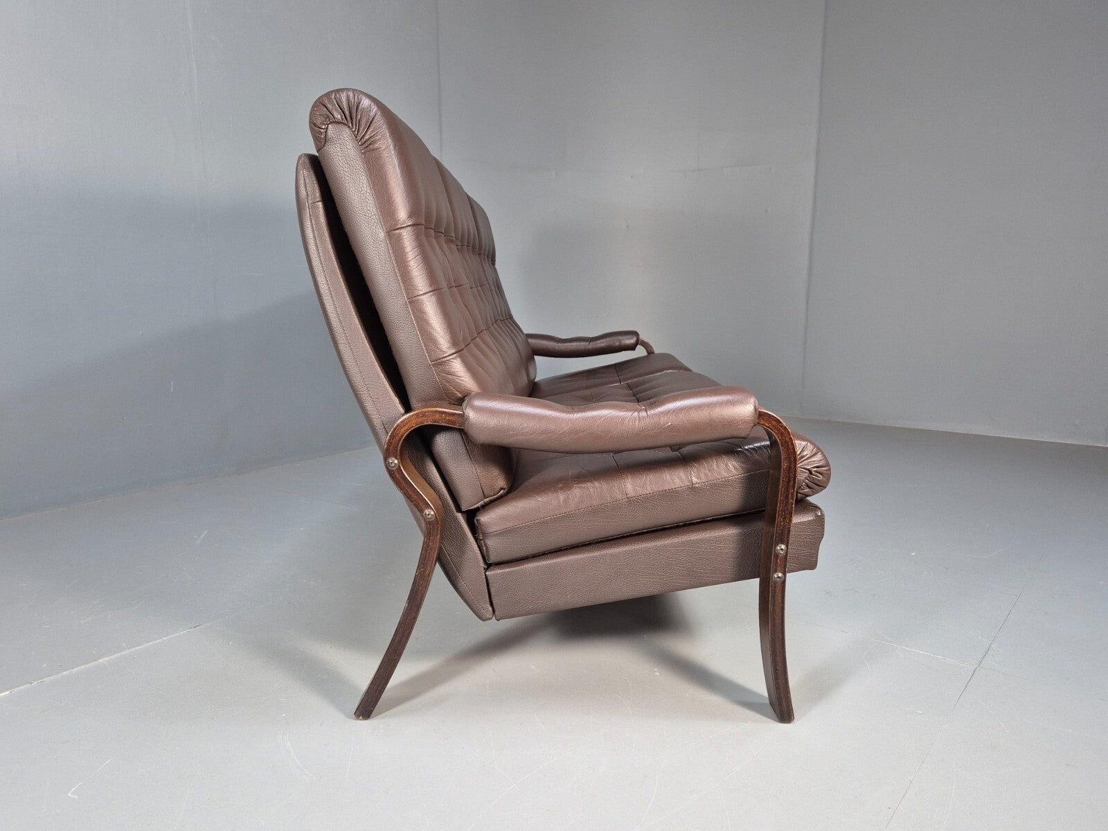 Vintage danish 3 seat Brown Leather Sofa Bentwood Frame 1980s Retro EB9079 M3SS - UKDK FURNITURE