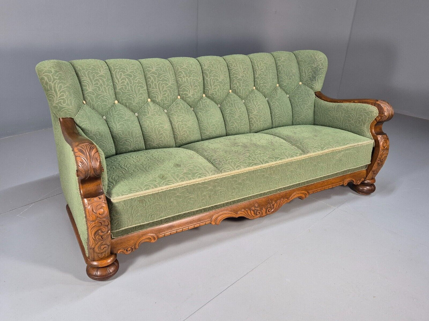 Vintage Danish Art Deco Sofa Oak Frame Green Moquette 1940s Antique EB8953 V3SS - UKDK FURNITURE