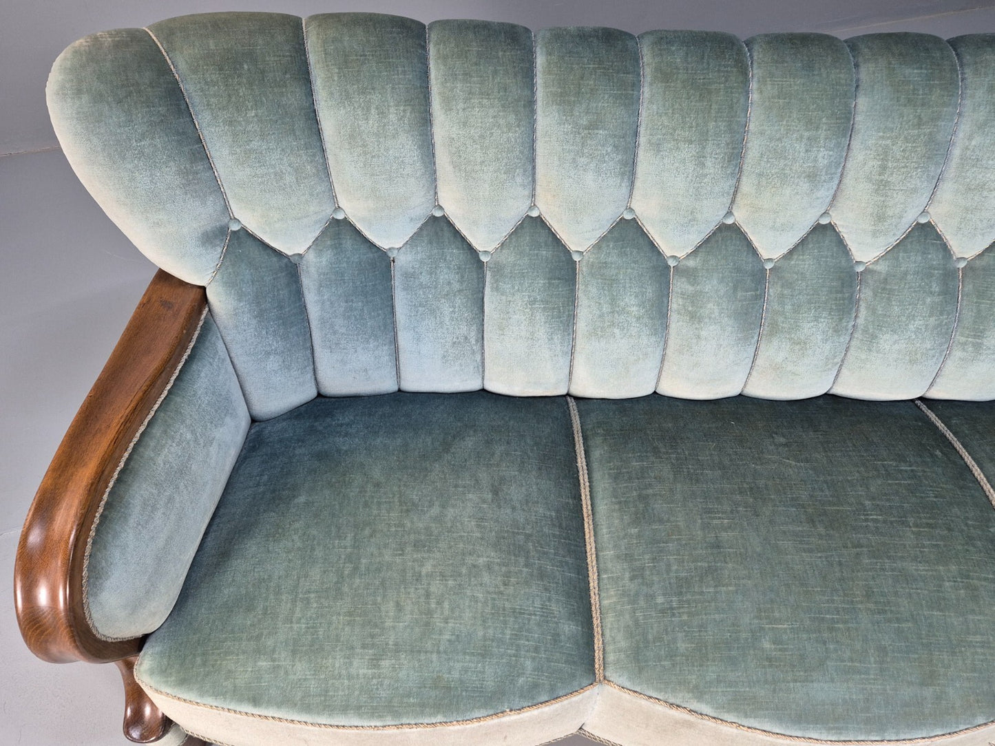 Vintage Danish Art Deco Sofa Blue Velvet Velour Oak Frame Shell Back EB9591 V3SS - UKDK FURNITURE