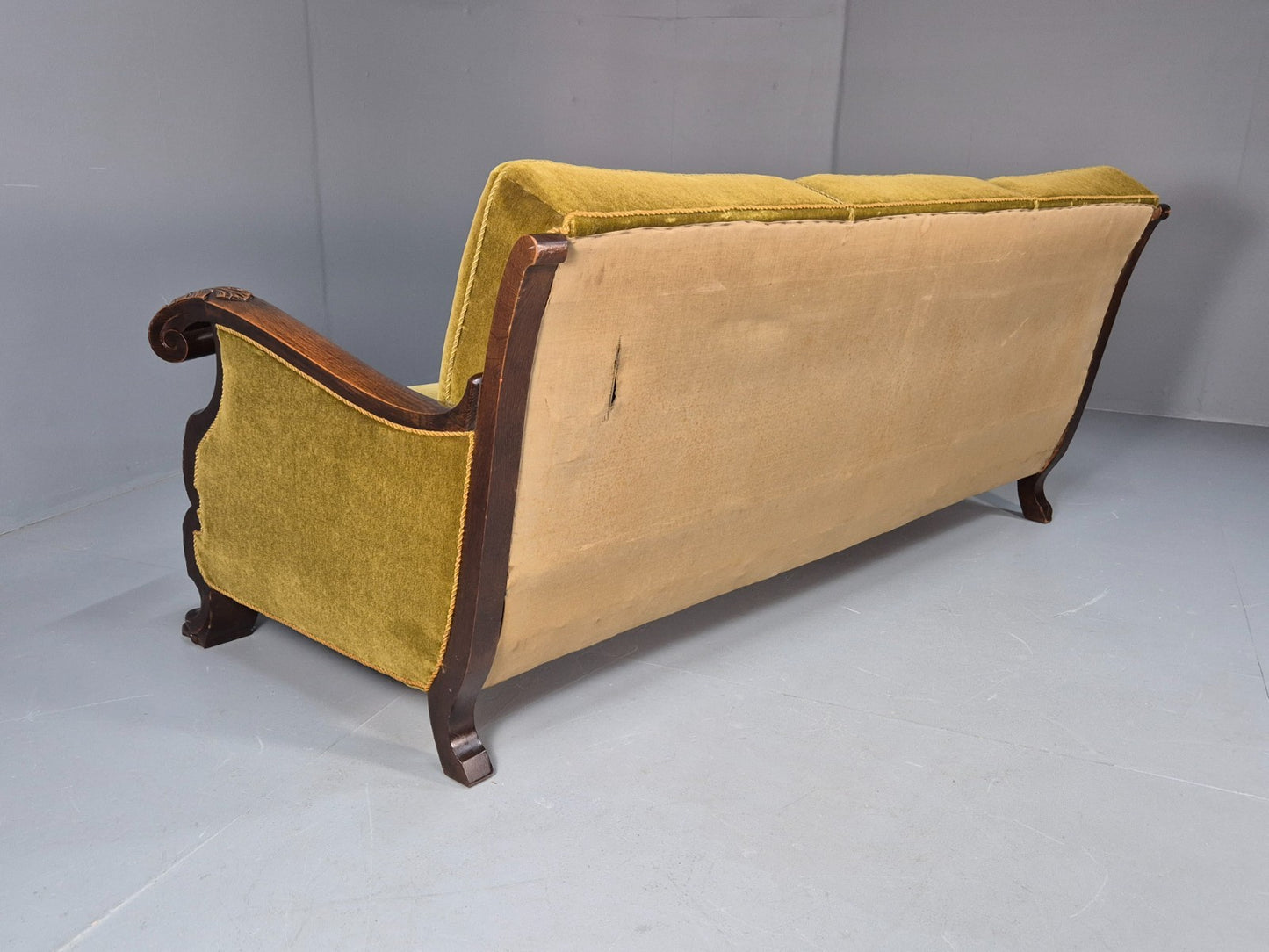 Vintage Danish Baroque Style 3 Seat Settee Green Velour Antique 1920 EB9653 V3SS - UKDK FURNITURE