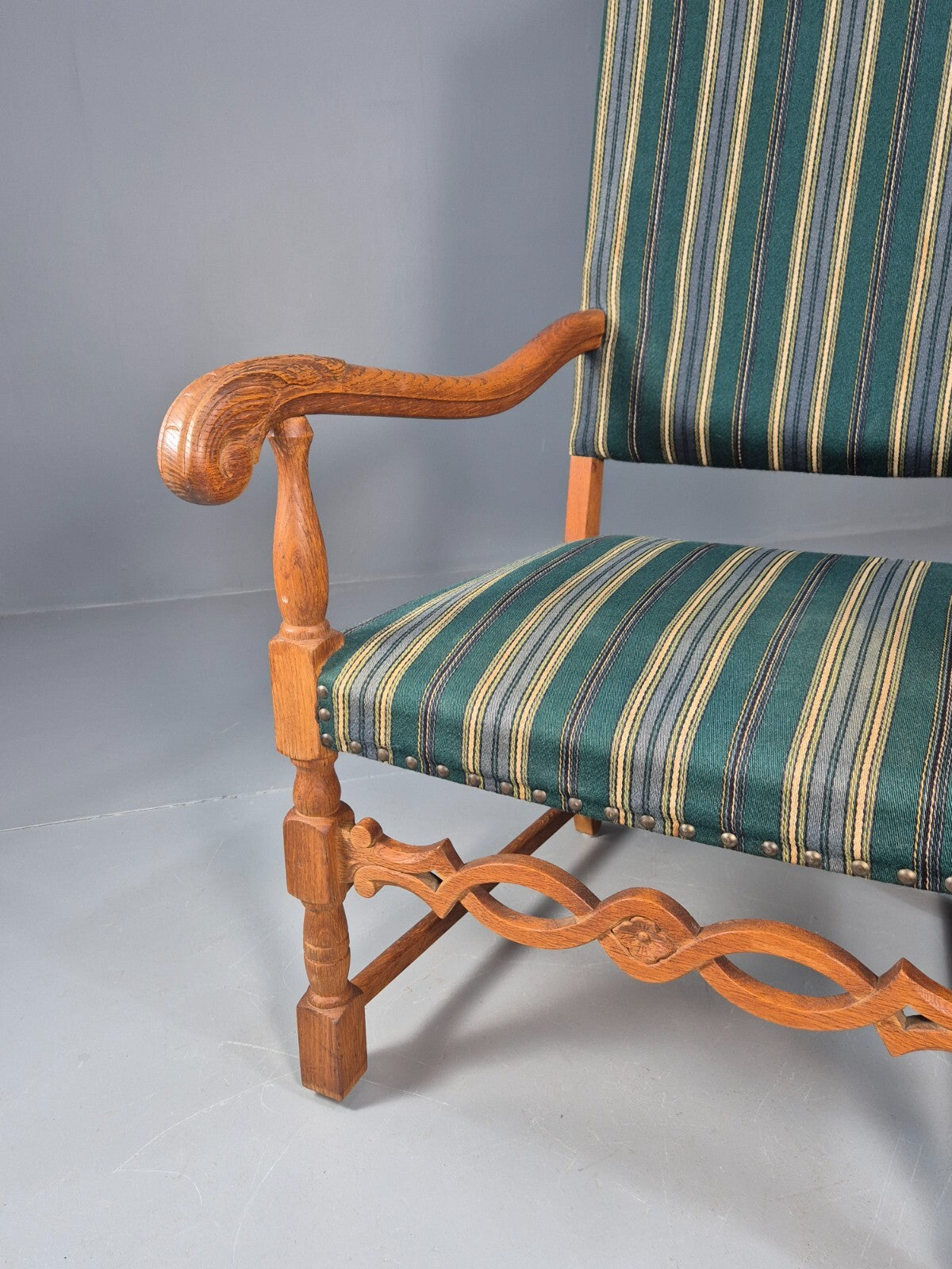 A Vintage Danish Baroque Style Armchair Green Wool Stripe Oak Frame EB9002 VCLO - UKDK FURNITURE