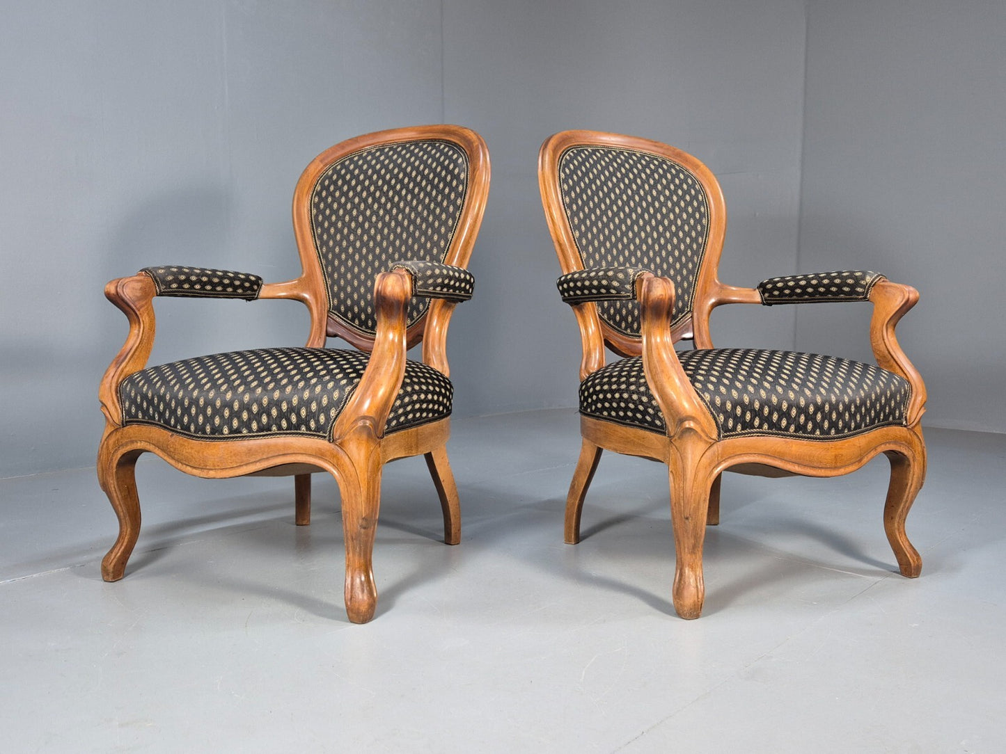 Antique Mahogany Armchair Pair Black Pattern Fabric Louis XV Style EB9558 VCLO - UKDK FURNITURE