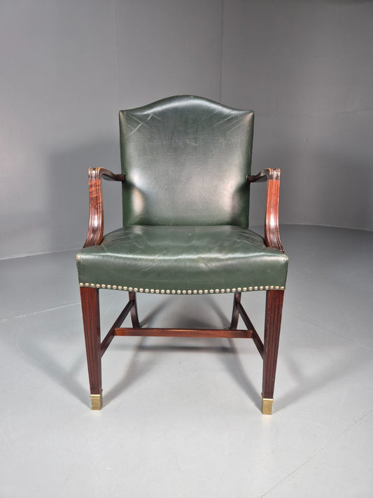 Georgian Style Elbow Chair Green Leather Mahogany Frame Danish 1970 EB10809 VLEA1